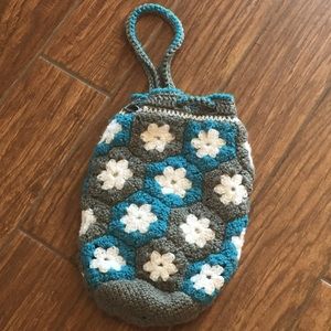 Crocheted Flower Drawstring Bag